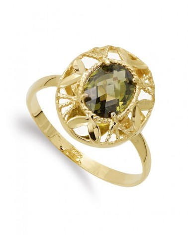 Sortija oro 18k amarillo circonita oval hojas talladas