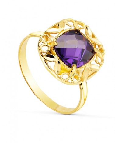 Sortija oro 18k amatista cerco tallado 14x14mm