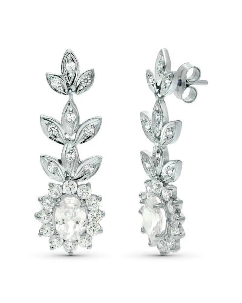 Pendientes oro 18k blanco circonita 33x11 mm presión