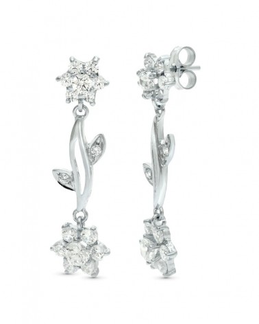 Pendientes oro 18k blanco circonita diseño floral colgantes