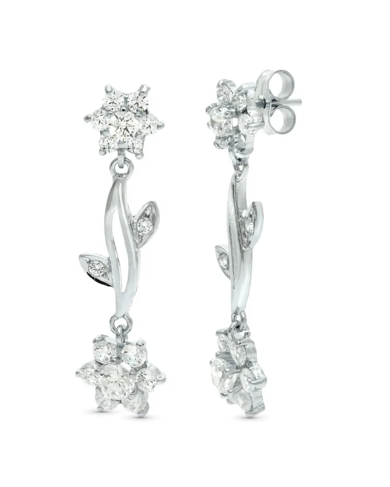 Pendientes oro 18k blanco circonita diseño floral colgantes