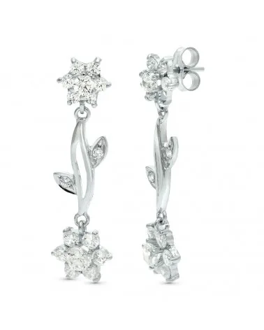 Pendientes oro 18k blanco circonita diseño floral colgantes
