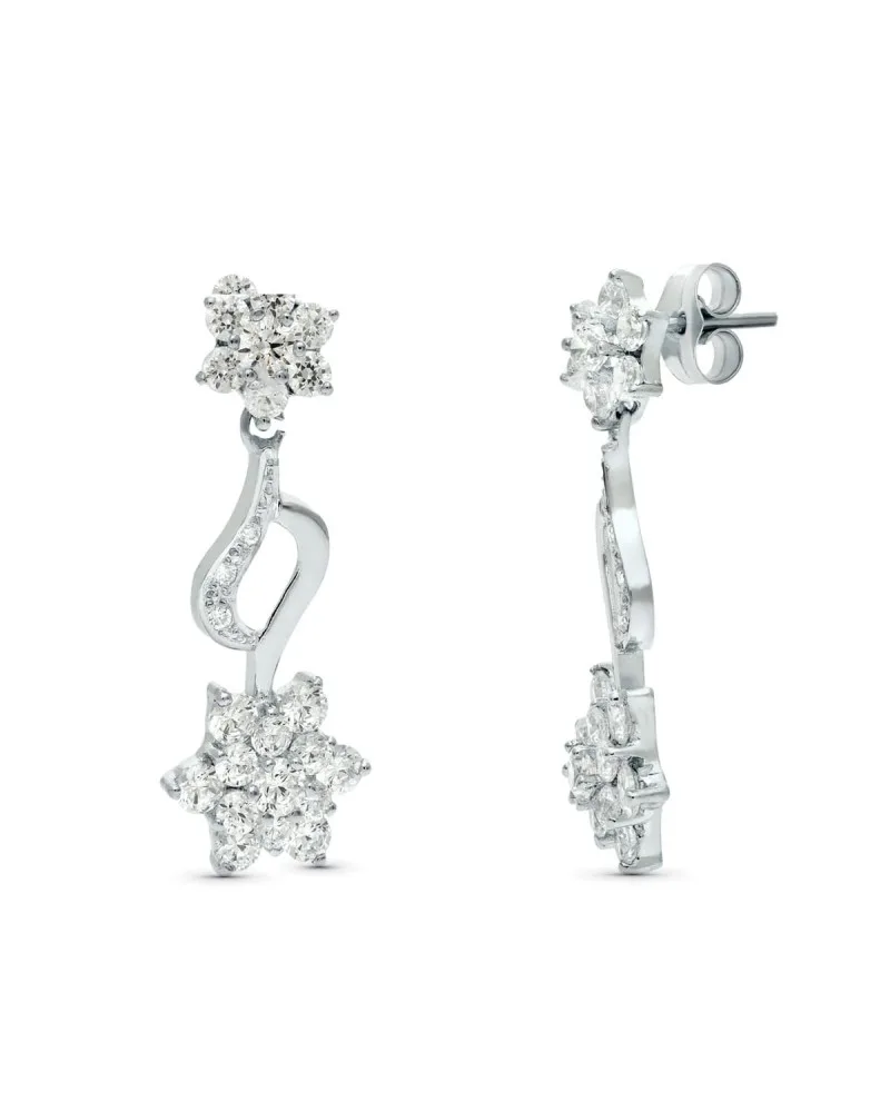 Pendientes oro blanco 18k diseño floral circonita 30x11mm