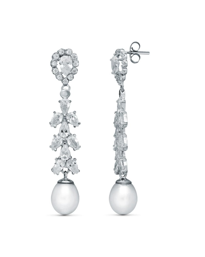 Pendientes oro blanco 18k perla cultivada circonita novia