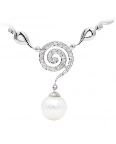 Gargantilla oro blanco 18k espiral circonita perla 10mm
