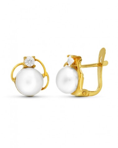 Pendientes oro 18k perla circonita cierre catalán 9x9mm