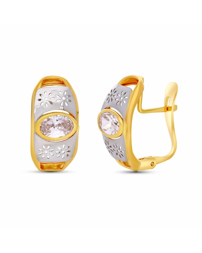 Pendientes oro 18k bicolor circonita oval cierre catalán