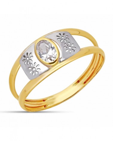 Sortija oro 18k bicolor circonita oval motivos florales