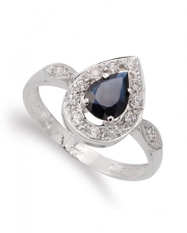Sortija oro blanco 18k piedra azul gota circonitas
