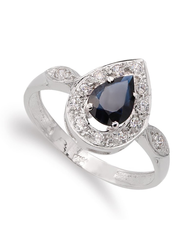 Sortija oro blanco 18k piedra azul gota circonitas
