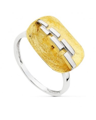 Anillo oro bicolor 18k motivo rectangular matizado 11,5mm