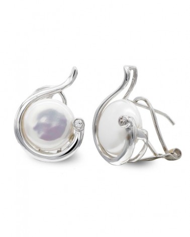 Pendientes oro 18k blanco perla botón 10mm cierre omega