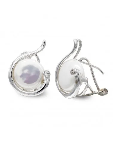 Pendientes oro 18k blanco perla botón 10mm cierre omega