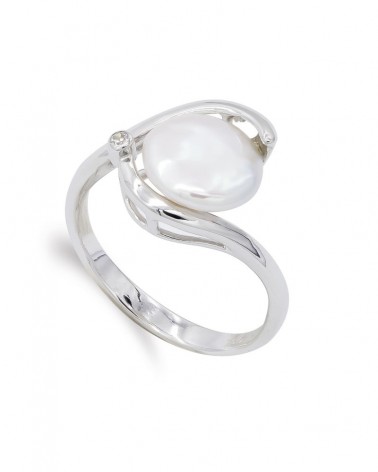 Sortija oro blanco 18k perla botón 9mm