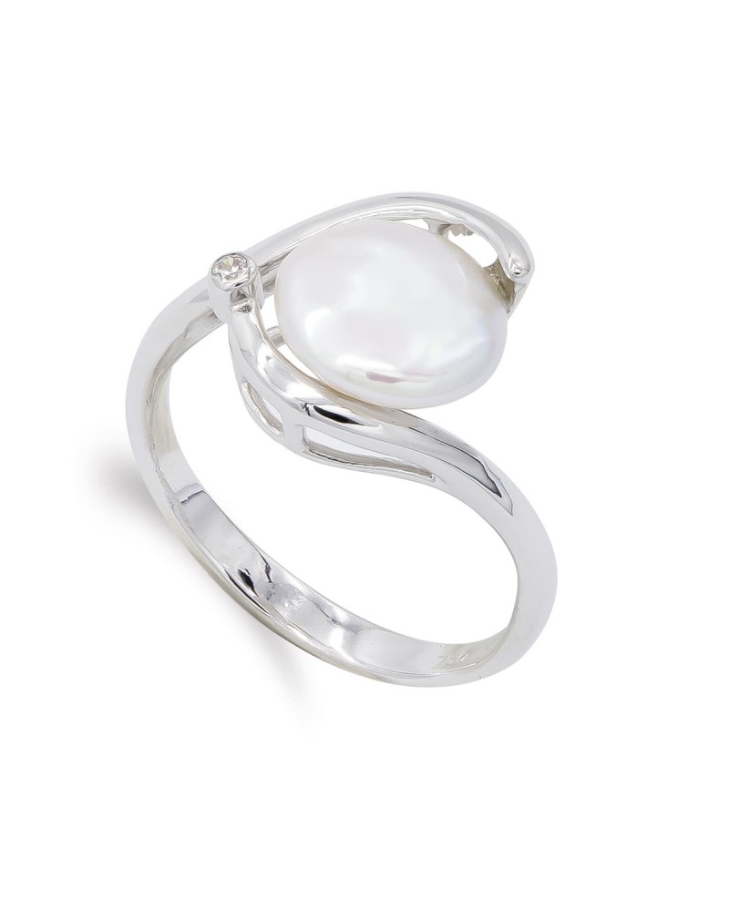 Sortija oro blanco 18k perla botón 9mm