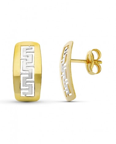 Pendientes oro 18k bicolor greca 11x5,5 mm cierre presión