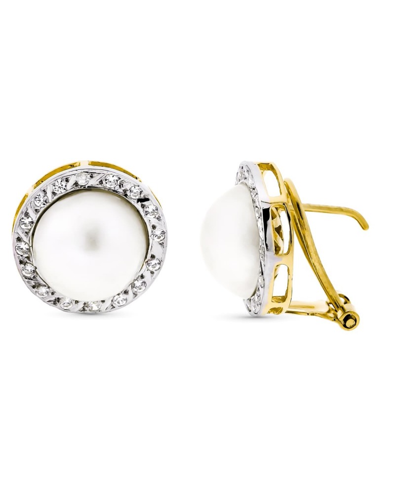 Pendientes oro 18k bicolor perla natural 10mm cierre omega