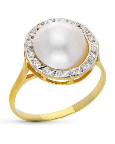 Anillo oro 18k perla cultivada 10mm circonitas