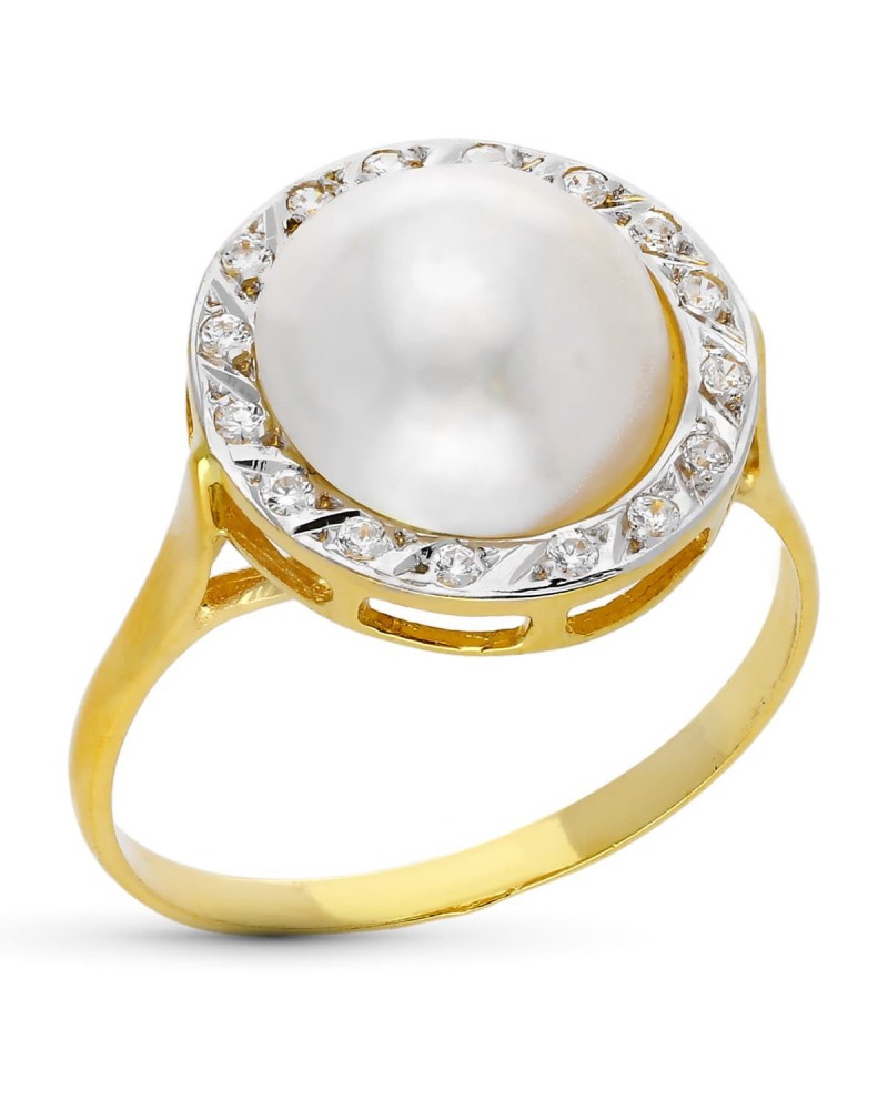 Anillo oro 18k perla cultivada 10mm circonitas