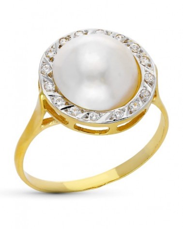 Anillo oro 18k perla cultivada 10mm circonitas