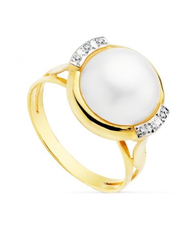 Sortija oro 18k bicolor perla japonesa circonita 12mm