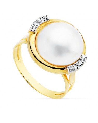 Sortija oro 18k bicolor perla japonesa circonita 14mm