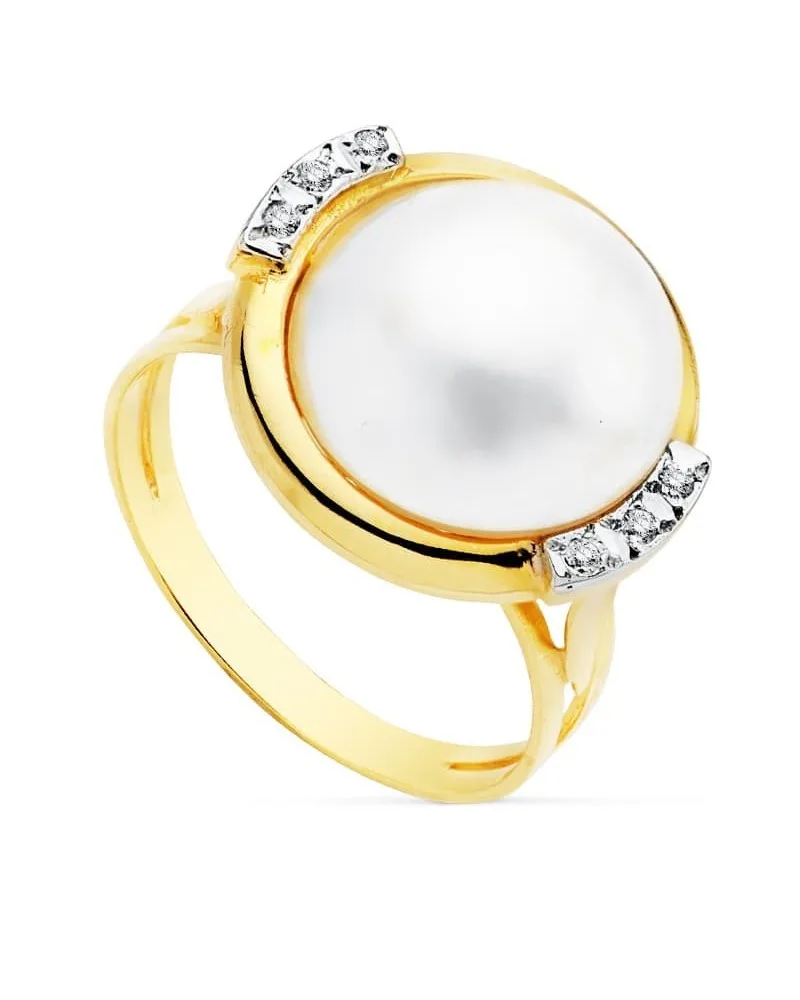Sortija oro 18k bicolor perla japonesa circonita 14mm
