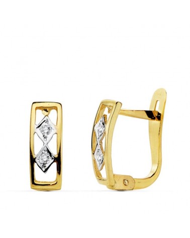 Pendientes oro 18k bicolor circonita cierre catalán 10x3mm