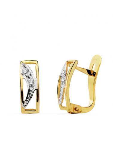 Pendientes oro 18k bicolor circonita cierre catalán 10x4mm