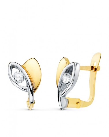 Pendientes oro 18k bicolor circonita cierre catalán 9x6 mm