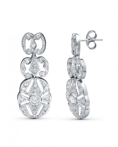 Pendientes oro blanco 18k tres cuerpos cierre presión 30x11mm