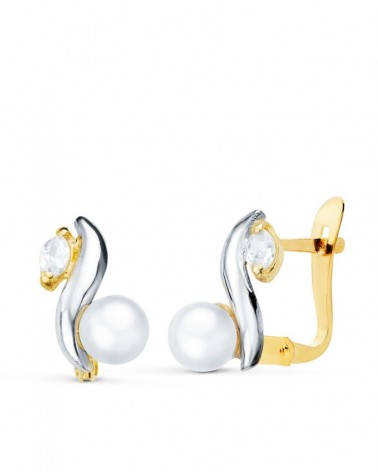 Pendientes oro 18k bicolor perla catalana 4,5 mm