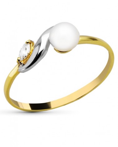 Anillo oro 18k bicolor perla y circonita comunión