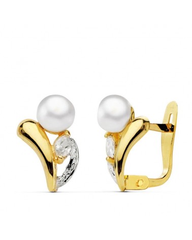 Pendientes oro 18k bicolor perla cierre catalán 11x8mm