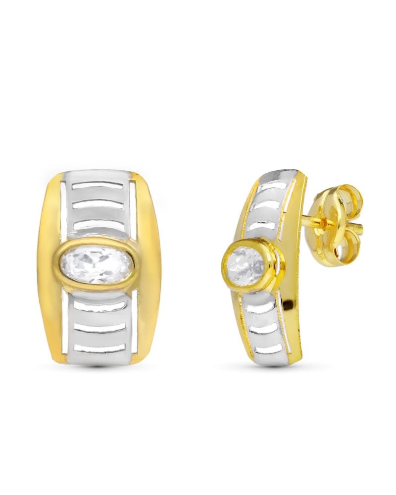 Pendientes oro 18k bicolor circonita cierre presión