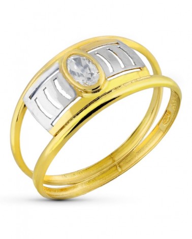 Sortija oro 18k bicolor circonita oval calada 7mm