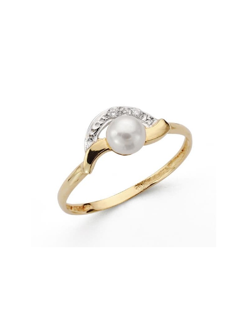 Sortija oro 18k bicolor perla 5mm circonitas