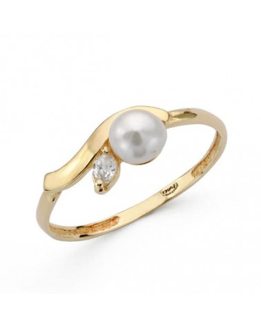Sortija oro 18k perla y circonita diseño hoja