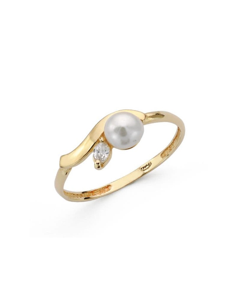 Sortija oro 18k perla y circonita diseño hoja
