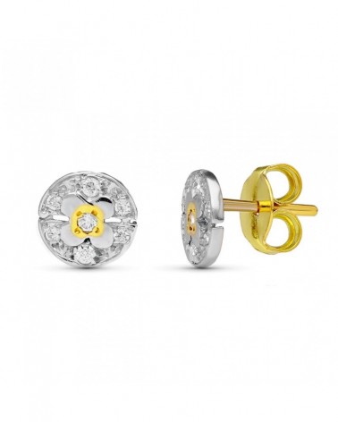 Pendientes oro 18k bicolor circonita 8 mm cierre presión
