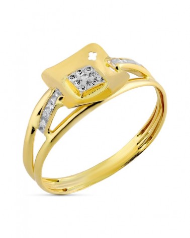 Anillo oro 18k bicolor circonita motivo cuadrado