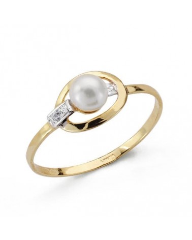 Sortija oro 18k bicolor comunión perla ovalada