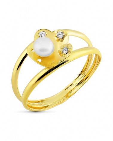 Anillo oro 18k bicolor flor perla circonitas 4mm
