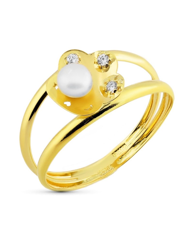Anillo oro 18k bicolor flor perla circonitas 4mm