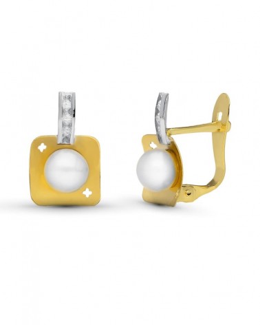 Pendientes oro 18k bicolor perla cierre catalán 12x8mm