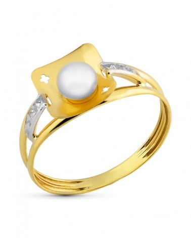 Sortija oro 18k bicolor perla circonitas comunión