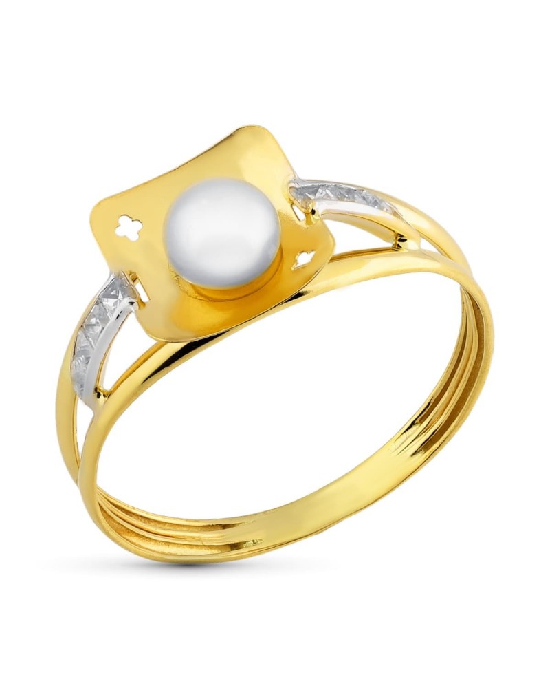 Sortija oro 18k bicolor perla circonitas comunión