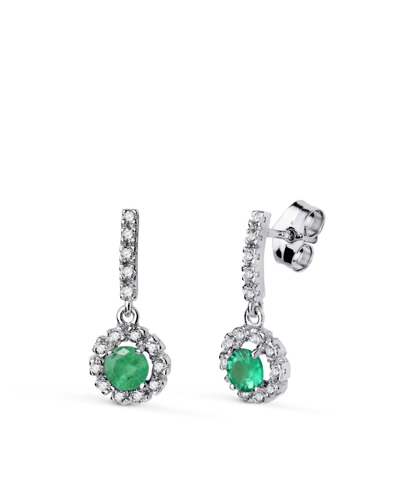 Pendientes oro blanco 18k esmeralda circonitas presión