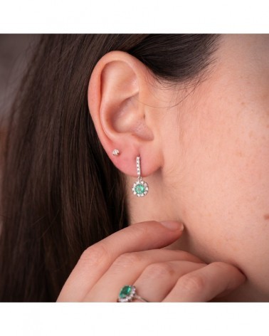 Pendientes oro blanco 18k esmeralda circonitas presión