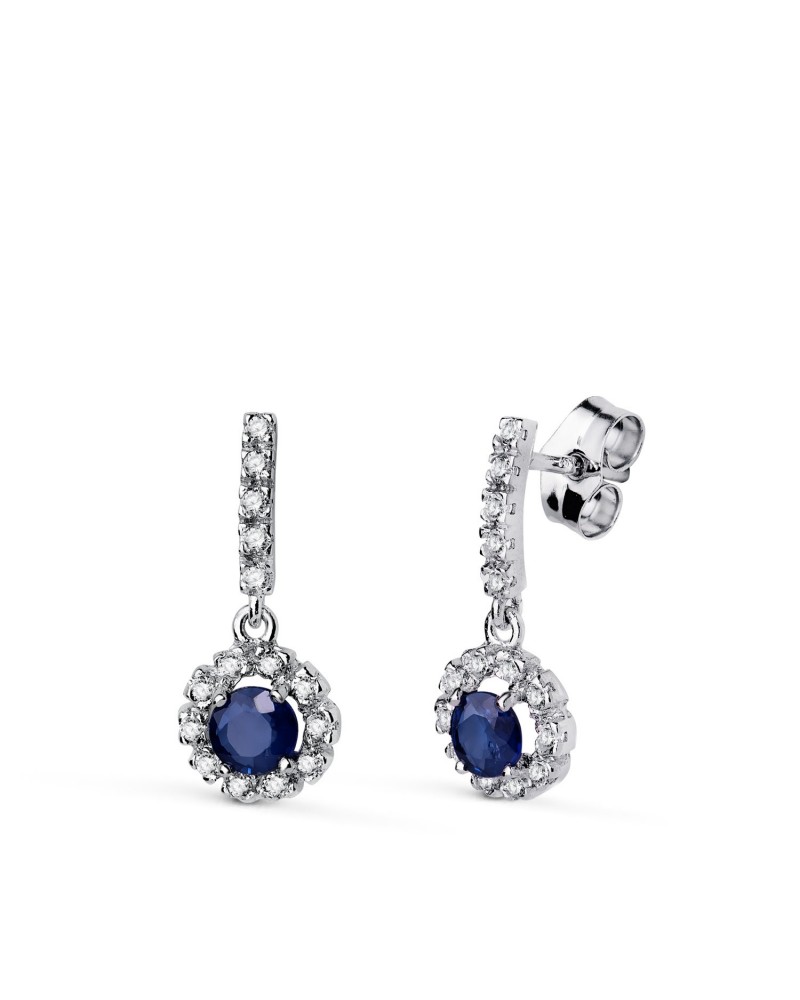 Pendientes oro blanco 18k zafiro circonitas presión
